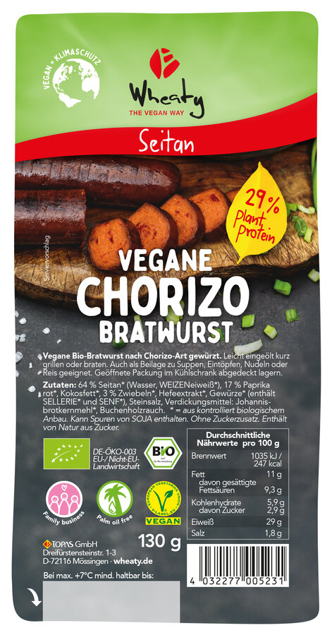 Wheaty Bratwurst Chorizo 130g Bio vegan
