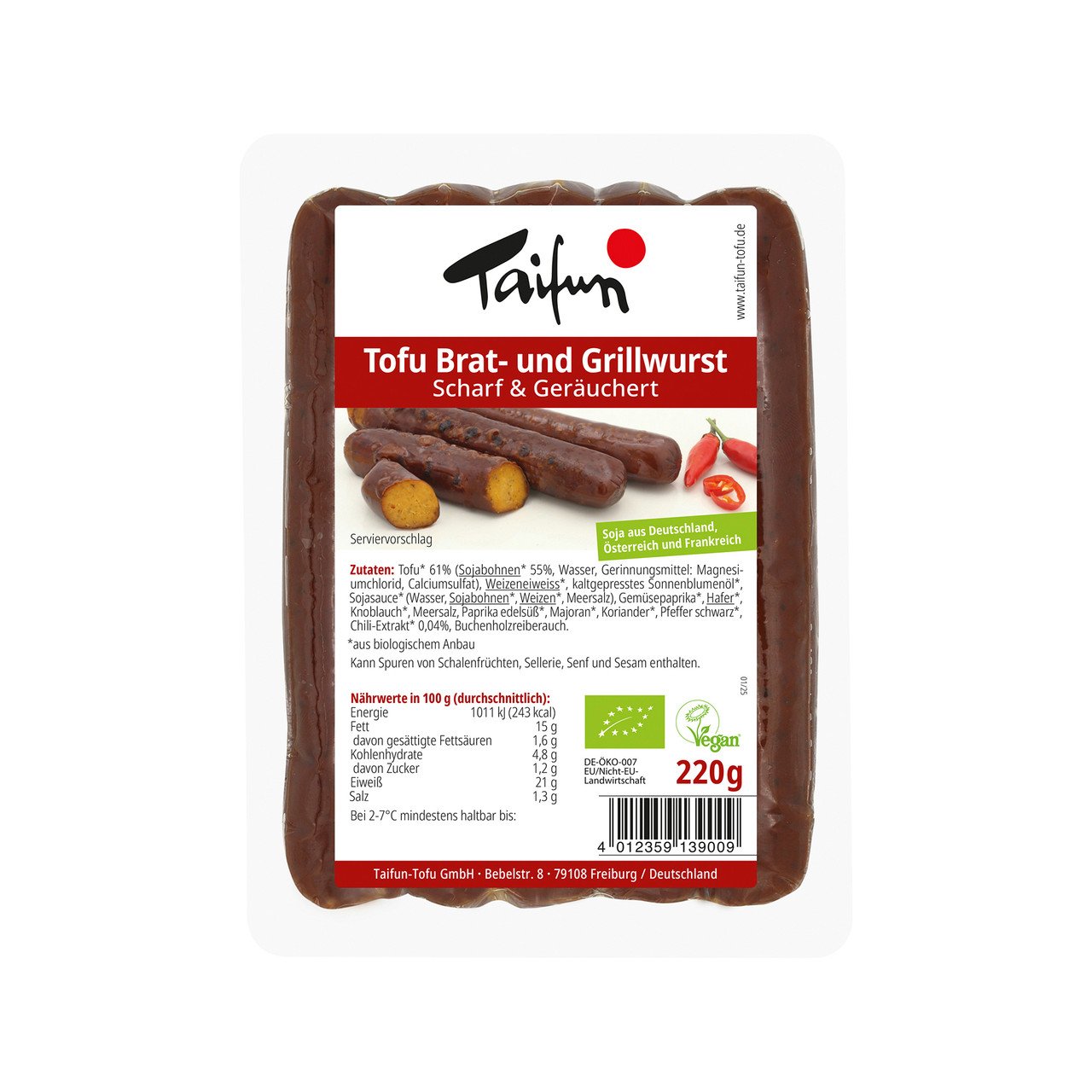 Taifun Tofu Brat- und Grillwurst scharf & geräuchert 220g Bio vegan