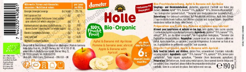 Holle Apfel Banane Aprikose Glas 190g Demeter 