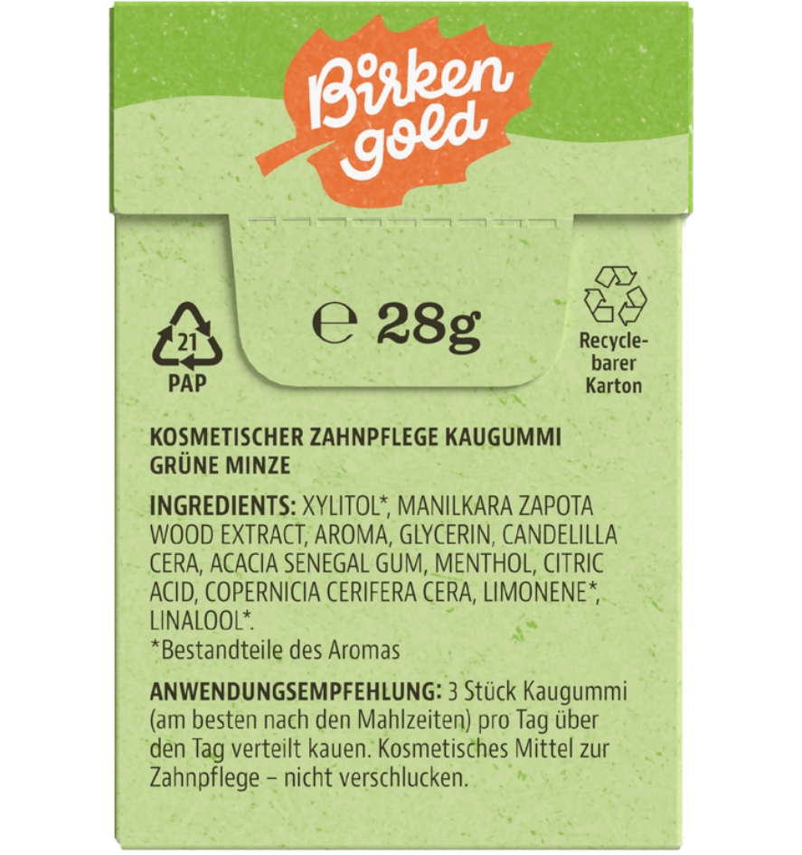 Birkengold Natur-Kaugummi Grüne Minze ohne Zucker 20Stk 28g